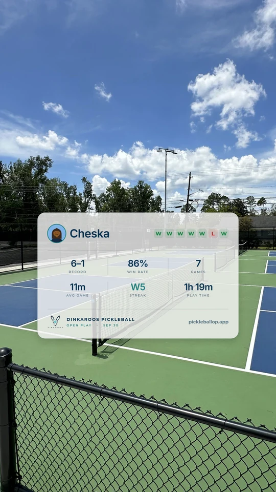 Story: landscape card, light, at 78 percent opacity over a photo of outdoor pickleball courts