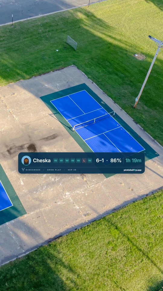 Story: one-line strip card, dark, at 90 percent opacity over an aerial photo of two pickleball courts
